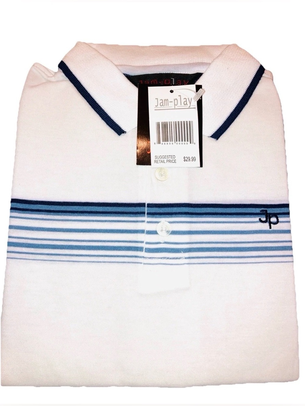 Jam-Play Boy’s White Polo Shirt Short Sleeve Blue Striped Chest Size 6 Preppy